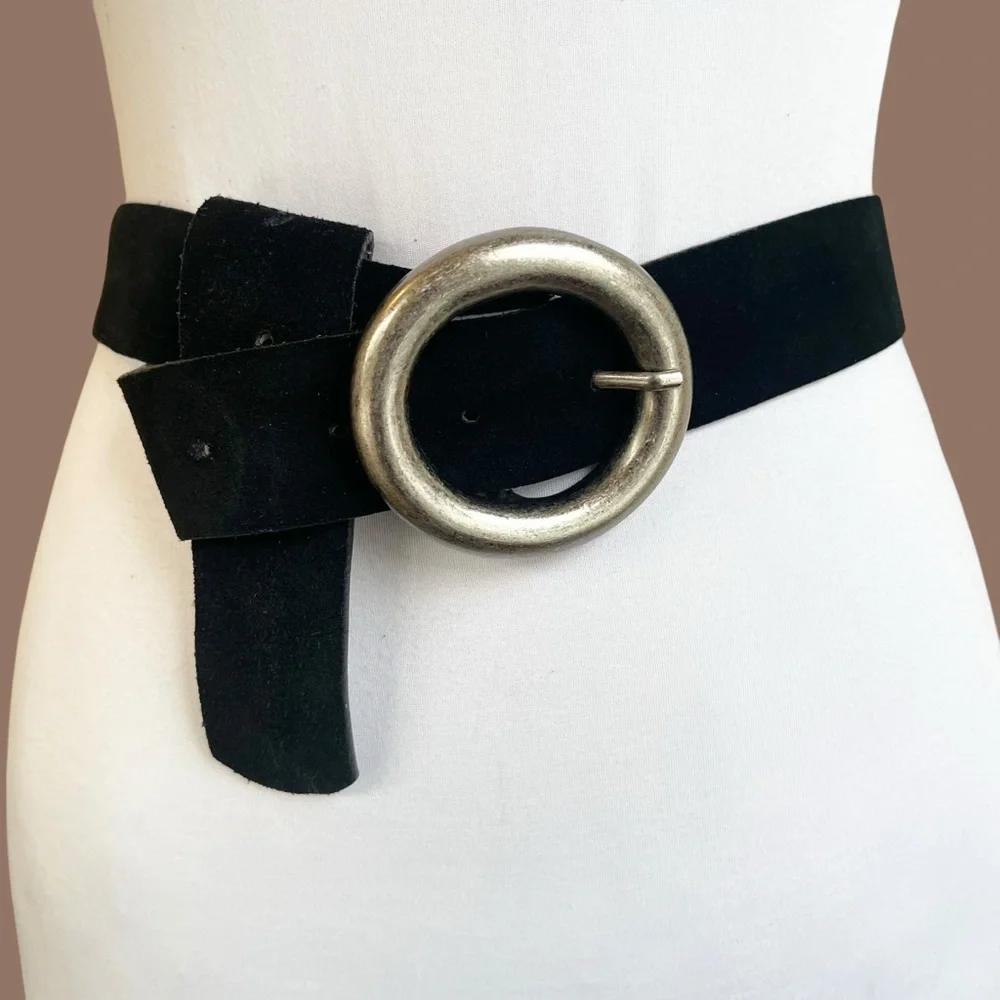 Black Suede Belt Wide Waist Circle Buckle Size S/M